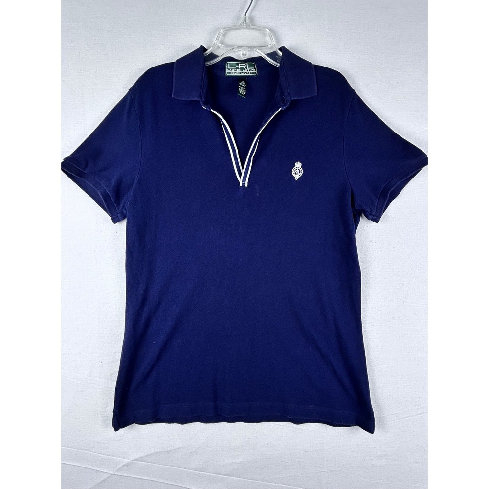 Lauren Active Ralph Lauren Navy Blue VNeck Polo Shirt Womens Medium Cotton Pique